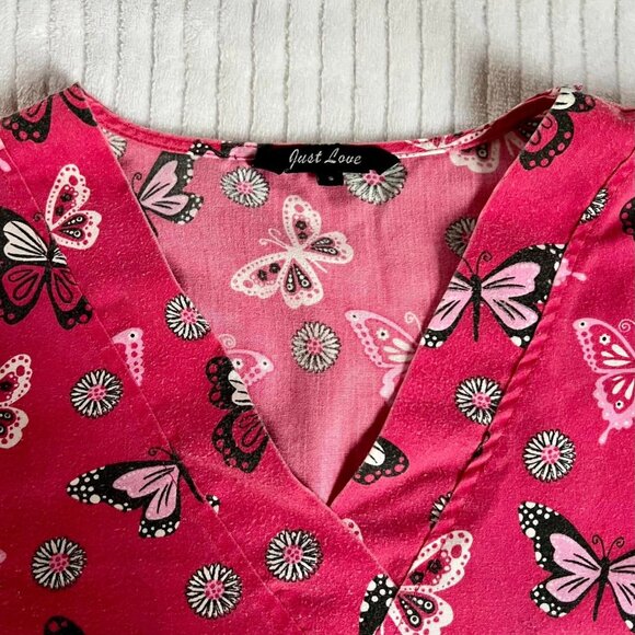 Women's Size Small Just Love Pink Butterfly Scrub Uniform Top - Picture 4 of 8